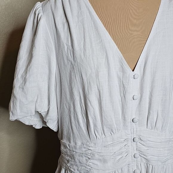 NWT LOFT 14 White Linen Blend Button Front V Neck Women's Dress - Picture 3 of 12